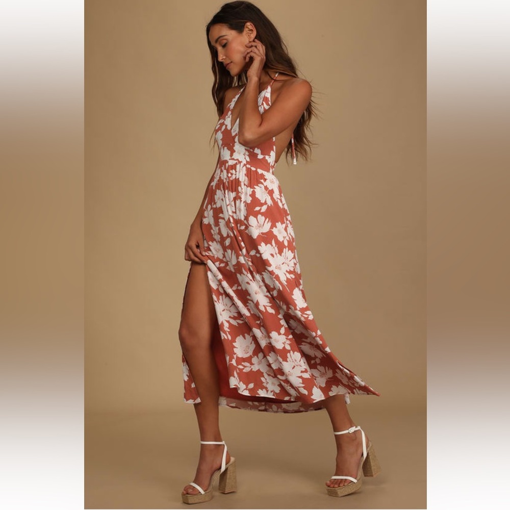 Lulu’s Follow the Summer Orange Floral Print Halter Midi Dress, Size S
